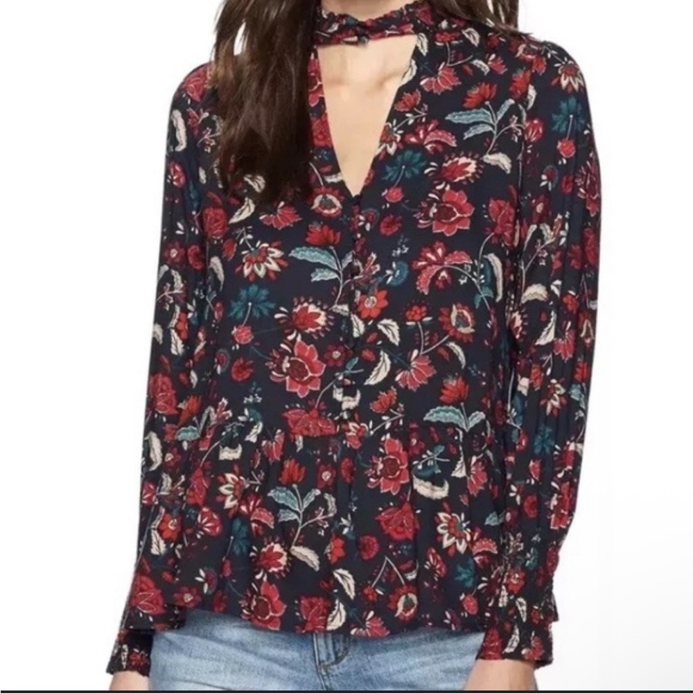 William Rast Red and Blue Ruffled Long Sleeve Blouse